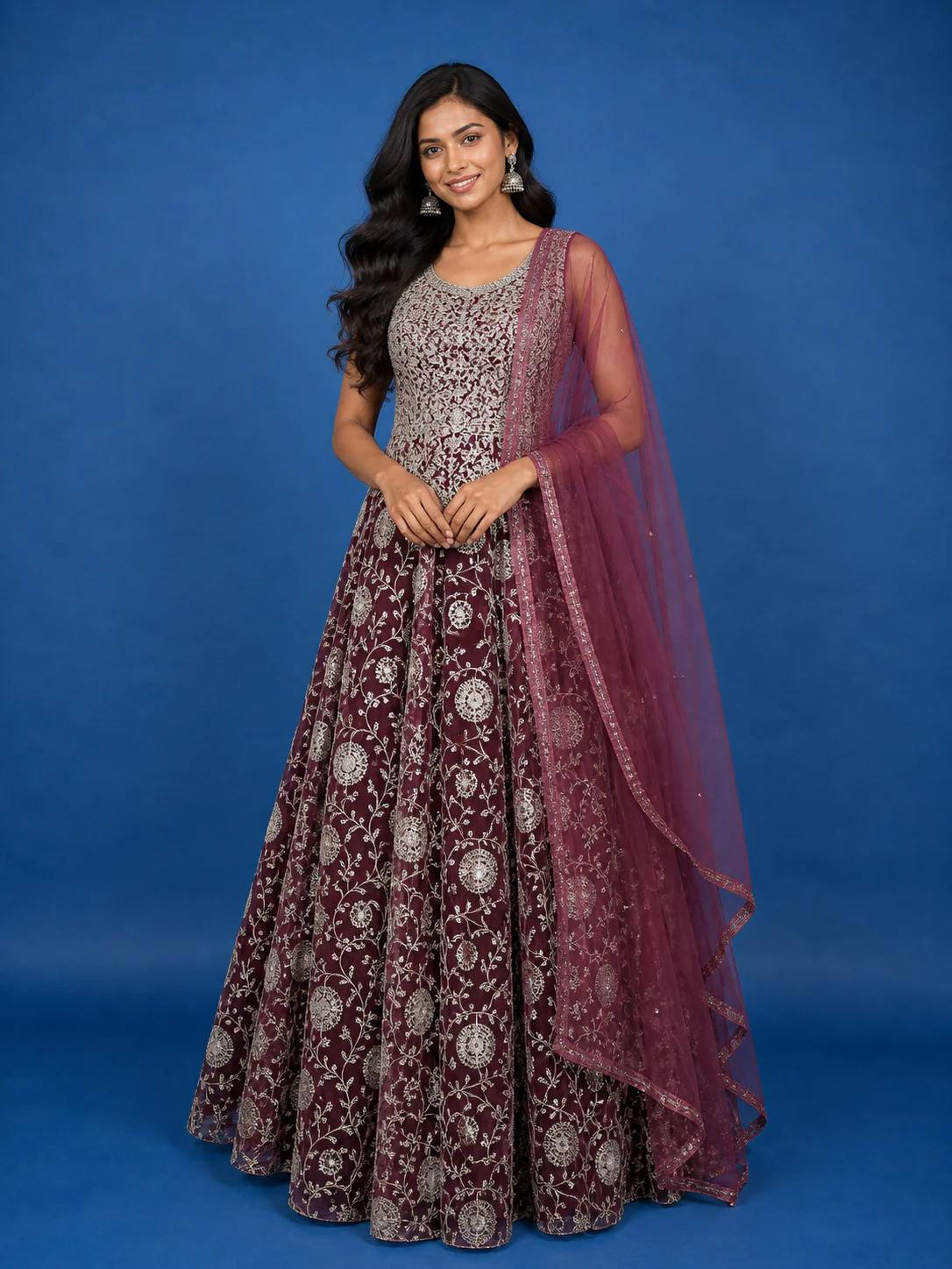 Wine Floral Embroidered Design Net Gown